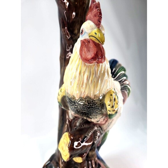 17" Italian Majolica Lamp Base Rooster & Tree Figurine Italy Hand Painted Signed - Picture 10 of 16